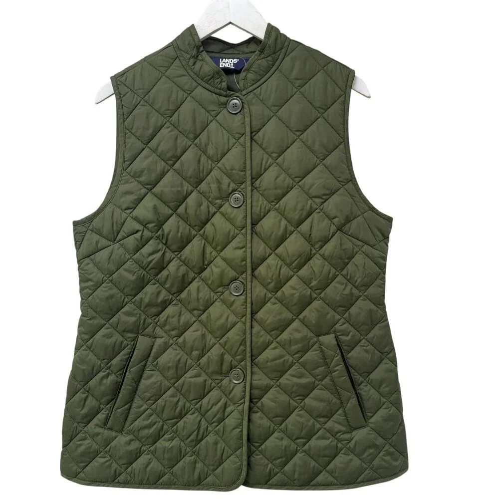 LANDS END Womens Quilted Vest Medium Olive Green Button Front Utility Preppy NWT - Picture 10 of 10